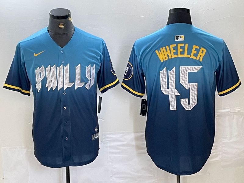Men Philadelphia Phillies 45 Wheeler Blue City Edition Nike 2024 MLB Jersey style 1